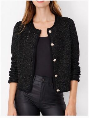 Ann Taylor Black Shimmer Cardigan with Gold Buttons
